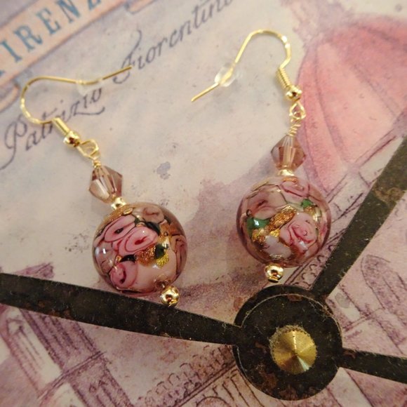 Handcrafted pink floral Murano earrings with gold-filled earwires. - Picture 6 of 7